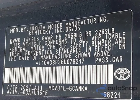 2006 Toyota Camry Solara Se/Sle z USA, uszkodzony, nr VIN 4T1CA38P36U078217